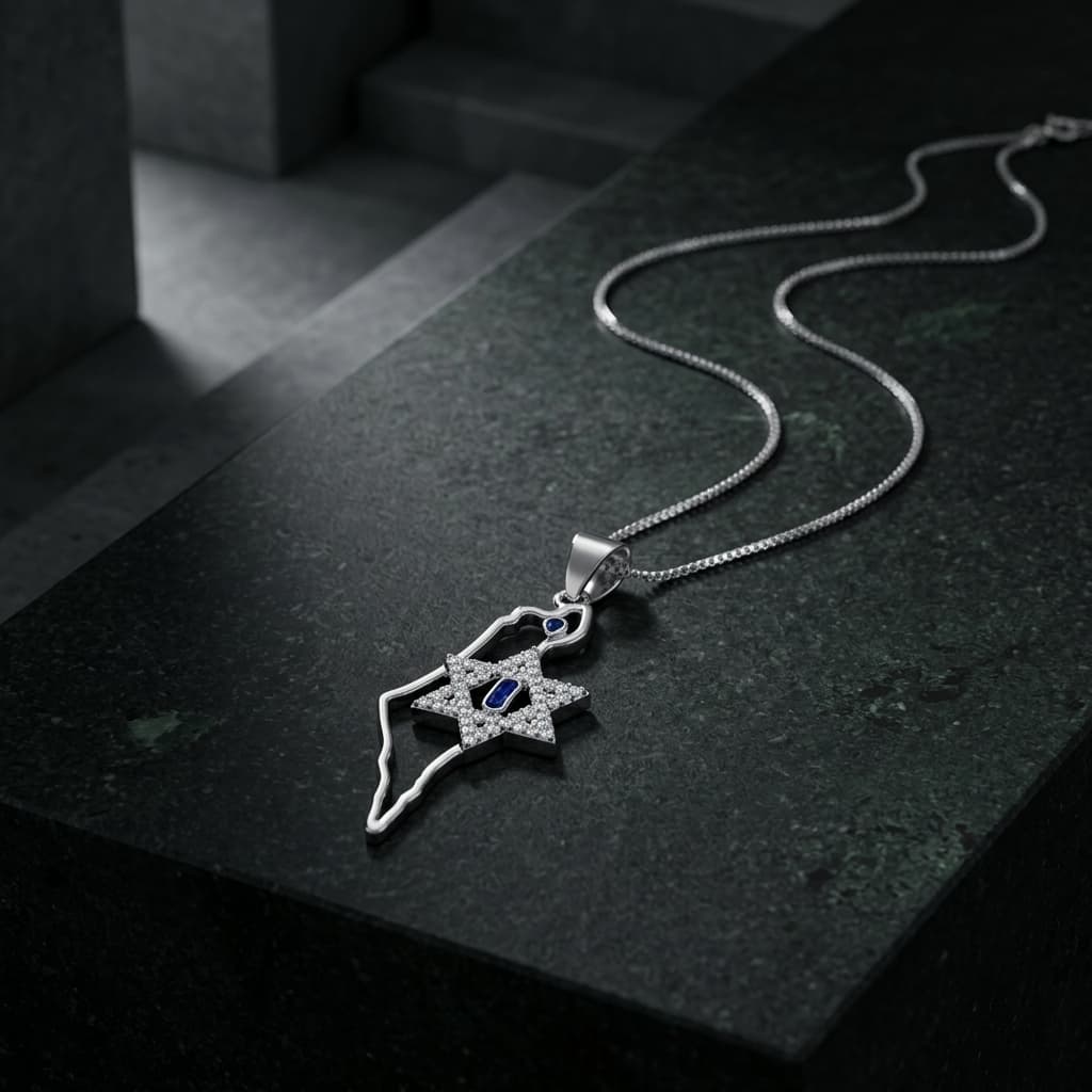 שרשרת כסף 925  תליון מפת ישראל עם מגן דוד משובץ