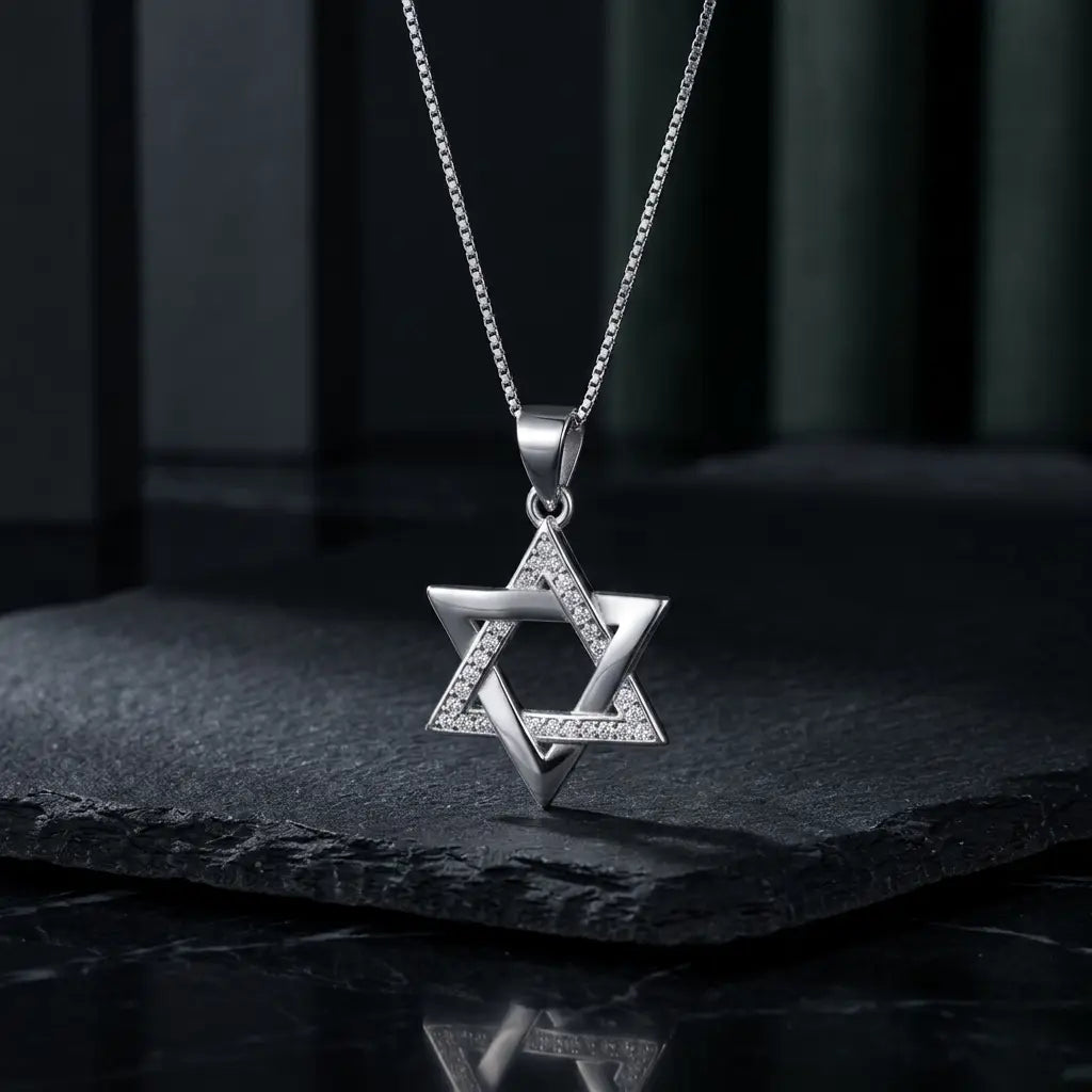 שרשרת כסף 925  תליון מגן דוד משולב חלק ומשובץ