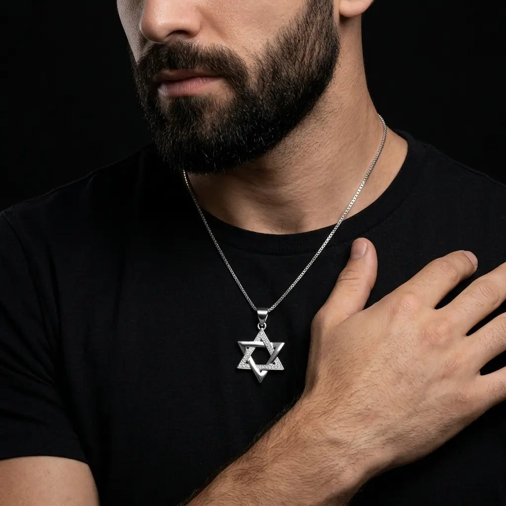 שרשרת כסף 925  תליון מגן דוד משולב חלק ומשובץ