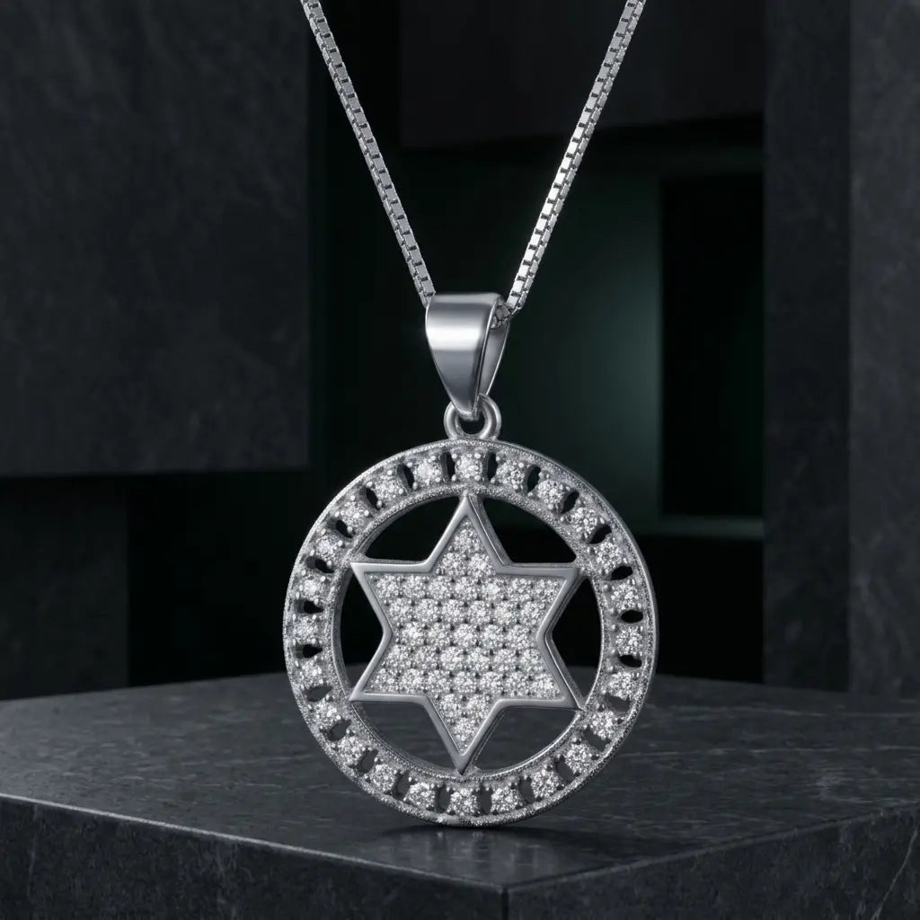 שרשרת כסף מגן דוד משובץ לבן