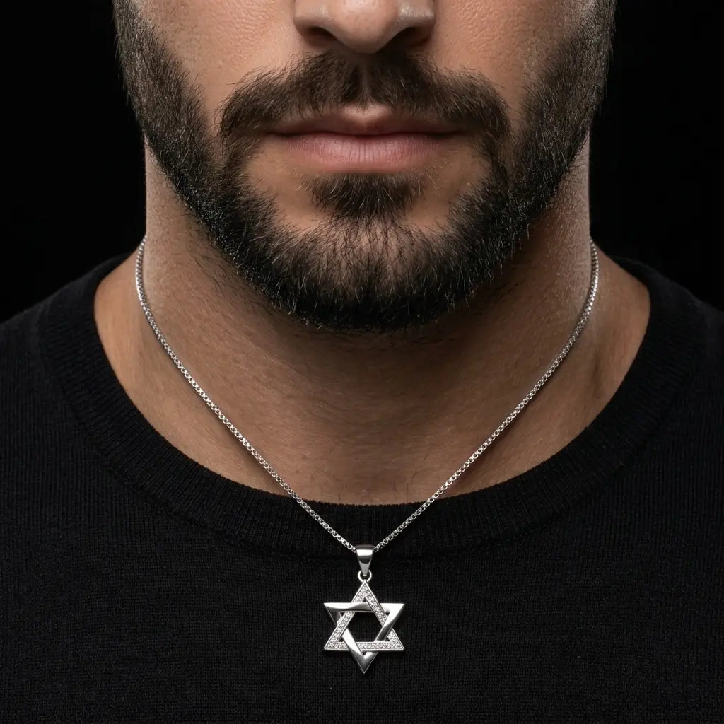 שרשרת כסף 925  תליון מגן דוד משולב חלק ומשובץ