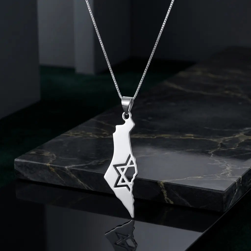 שרשרת כסף 925  תליון מפת ישראל עם מגן דוד