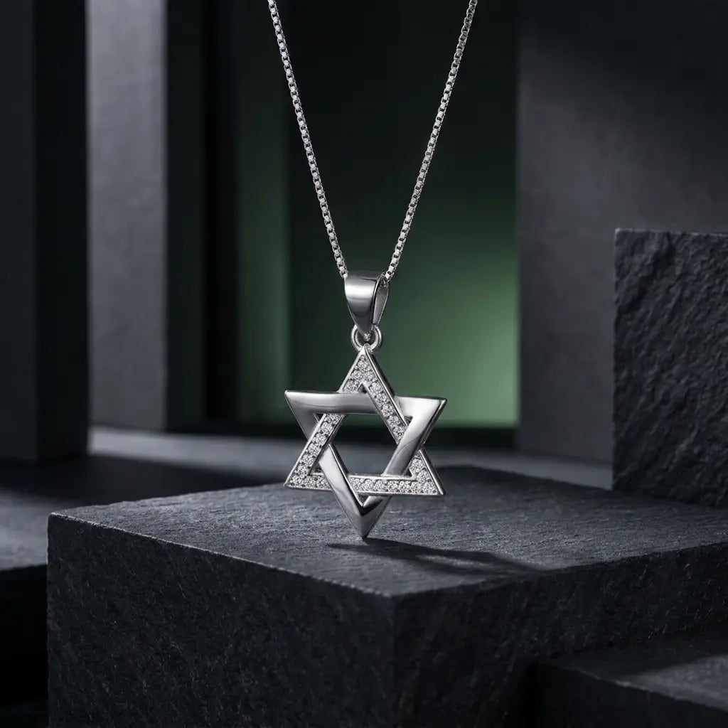 שרשרת כסף 925  תליון מגן דוד משולב חלק ומשובץ